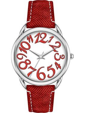 Women's Red Silver Big Arabic Number Dial Easy to Read Denim Leather Strap Watch